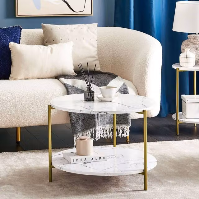 Wyld and Coco Round Marble-Effect Coffee Table with Shelf, White and Gold, W/D/H: 60 x 60 x 45 cm