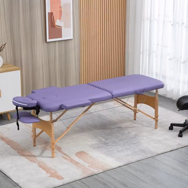 HOMCOM Wooden Folding Spa Beauty Massage Table with 2 Sections and Carry Bag, Purple – 1