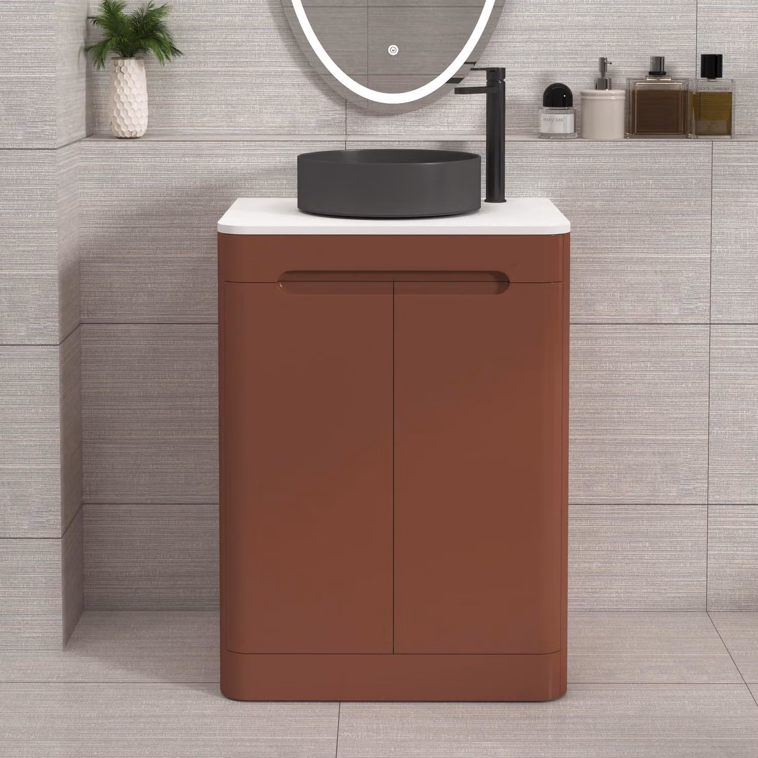 Royal Bathrooms Venice 600mm Terracotta Clay Floor Standing 2 Door Vanity Unit with Plain White Worktop and Art Deco Round Basin