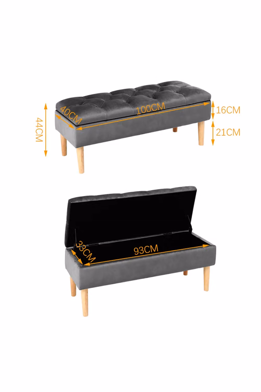 Living and Home Grey Velvet Storage Bench Ottoman with Rubberwood Legs – 3