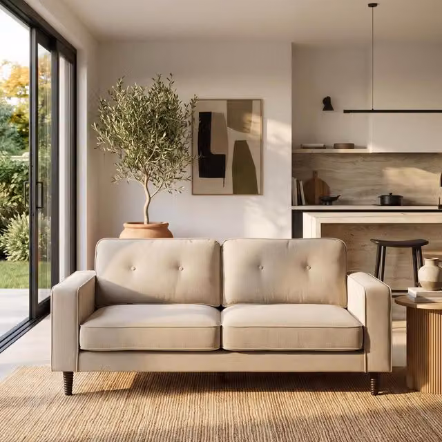 Furniturebox UK Jasper 3 Seater Linen-Look Fabric Sofa in Beige