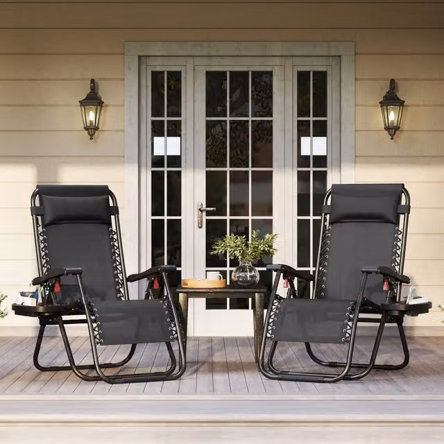 Yaheetech Set of 2 Black Foldable Zero Gravity Lounging Chairs with Adjustable Headrest and Side Tray