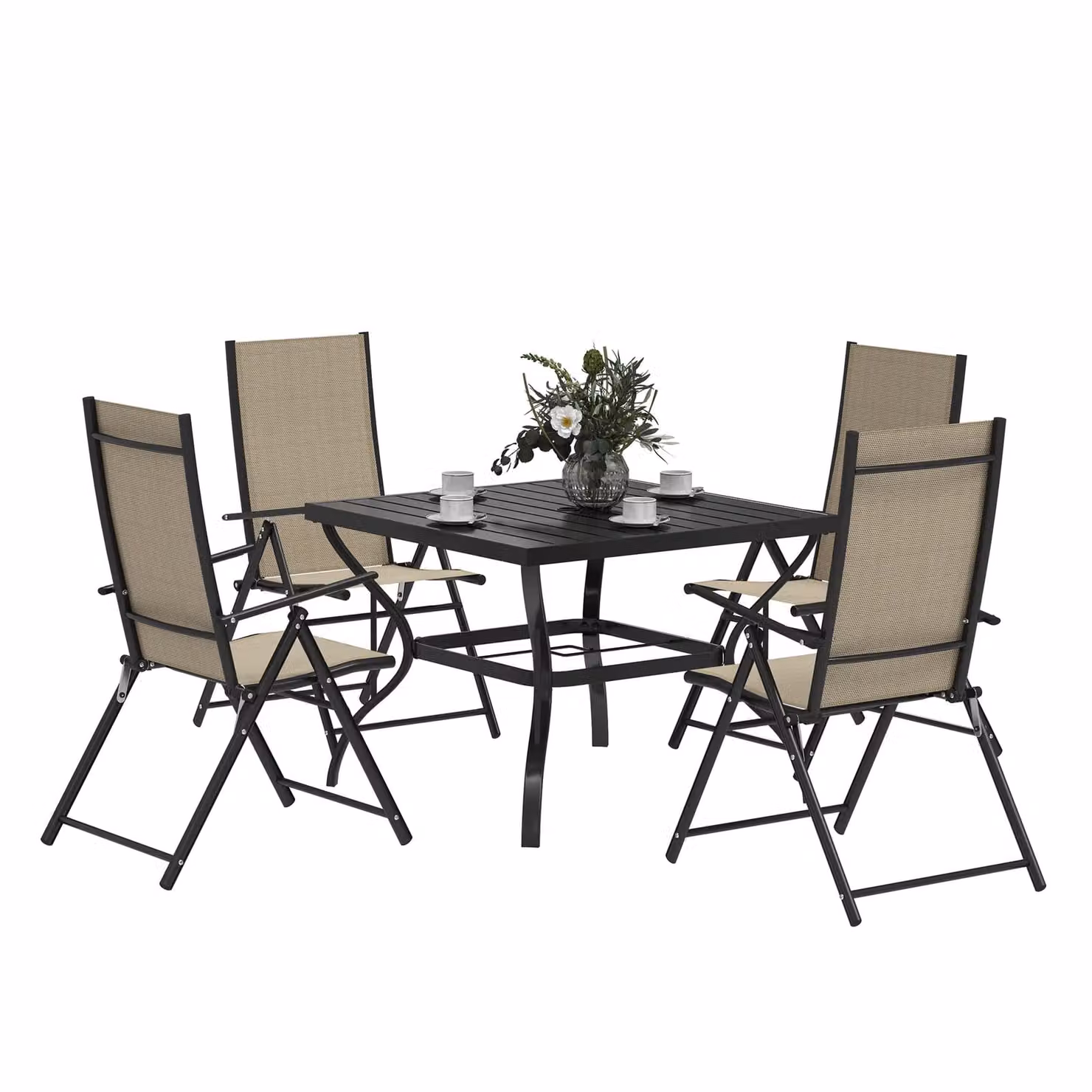 OUTSUNNY 5 Piece Garden Dining Set with Folding Chairs and Metal Top Table in Beige – 2
