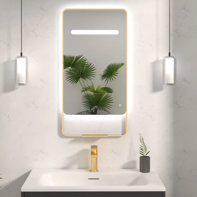 Royal Bathrooms Verona LED Framed Mirror in Gold with Integrated Light Bar, Demister Pad and Touch Sensor, W: 90.0 cm, D: 46.0 cm