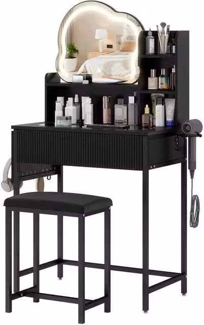 FLAVORA Modern LED Lighted Dressing Table Set with Mirror and Stool in Black, W/D/H: 100 x 100 x 100 cm