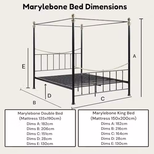 OAT Home Marylebone Traditional Victorian Style Four Poster Metal Bed Frame, Black, King Size, H 182 cm x W 180 cm x D 200 cm – 2