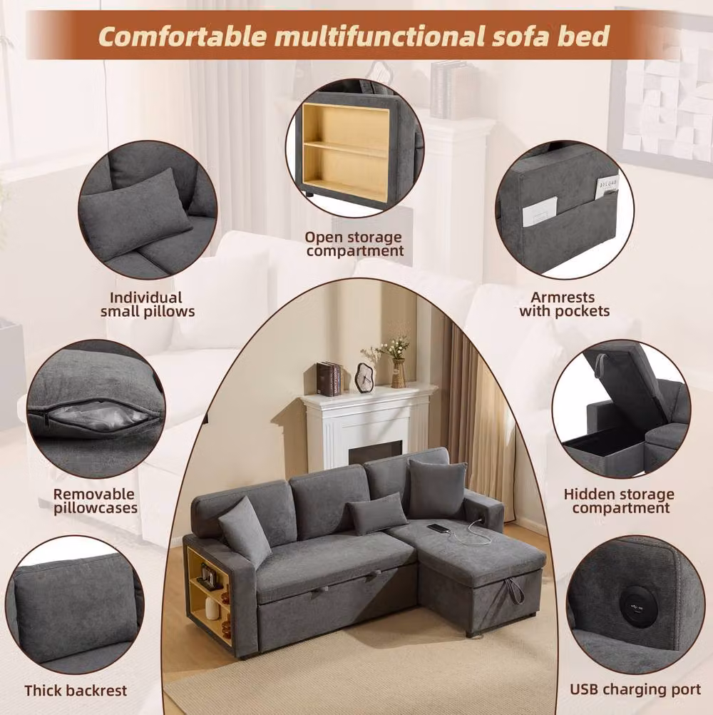 STILVORA 3 Seater Reversible Fabric Sofa Bed with USB Charging and Storage in Grey – 6