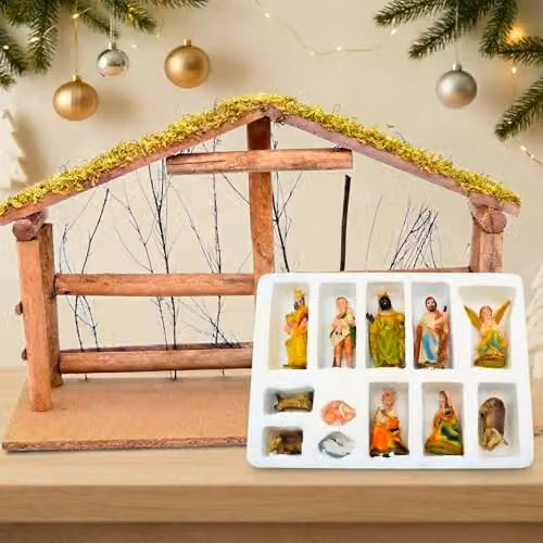 Shatchi Large Handmade Nativity Scene with Wooden Stable and 12-Piece Figurine Set in Brown and Multicolour – 2
