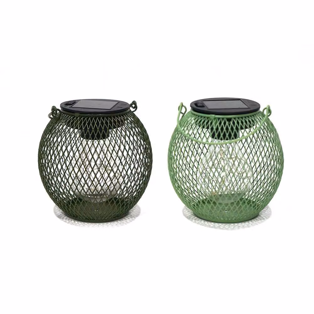 Voltico Set of 2 Solar Metal Garden Lanterns in Green with Warm White Light – 2