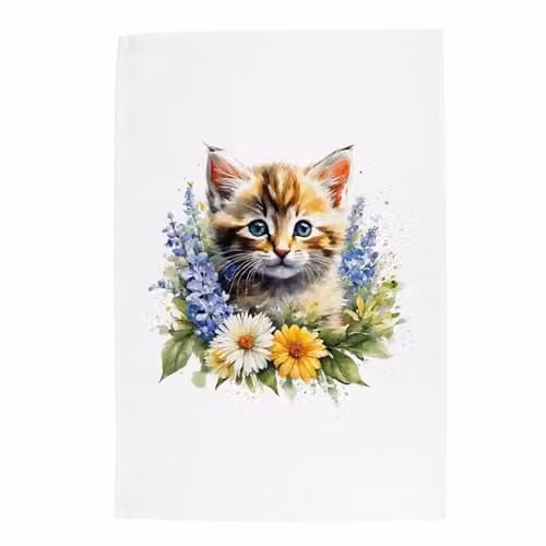 Purely Home Floral Kitten Tea Towel in White and Multicolour, W: 67 cm, H: 45 cm