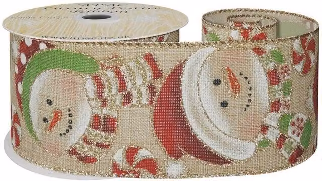 KDMD Natural Snowmen and Glitter Ribbon in Light Sand, Width: 6.3 cm, Length: 9.14 m