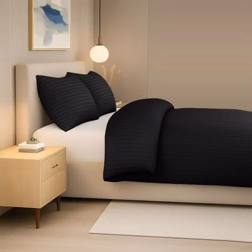 Pamposh Black Satin Stripe Microfibre Double Duvet Cover and Pillowcase Set – 2