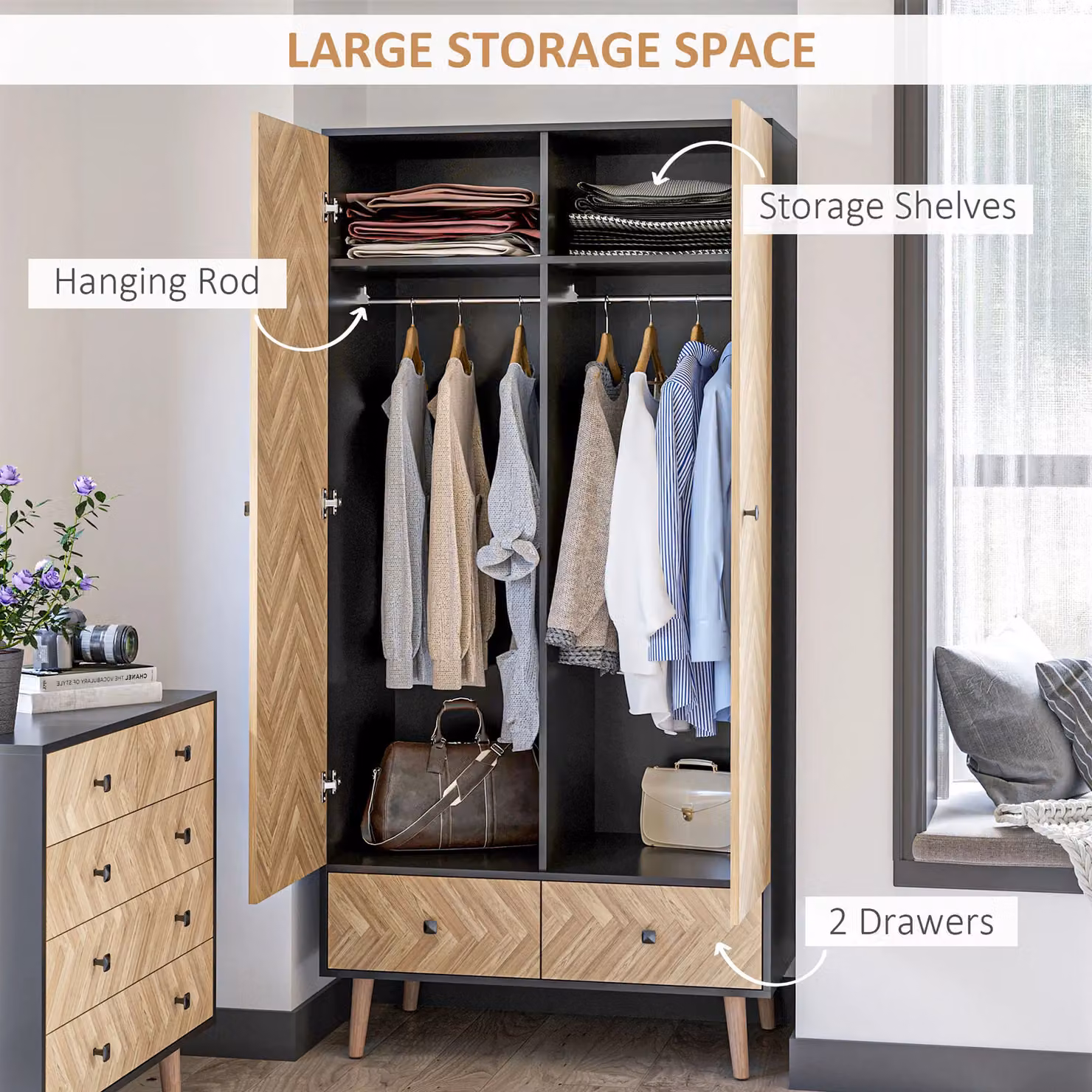HOMCOM Modern Freestanding Wardrobe Cabinet with Internal Shelves, Hanging Rod and 2 Drawers in Grey and Brown – 5