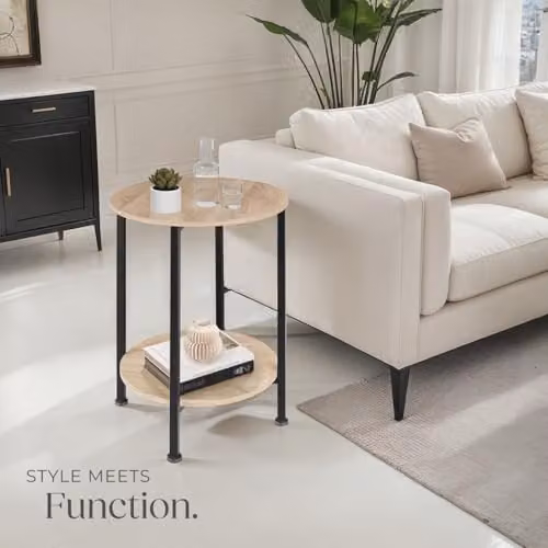 tectake Ballina Bedside Table in Light Oak with Black Metal Frame, Diameter: 45 cm, Height: 64 cm – 2