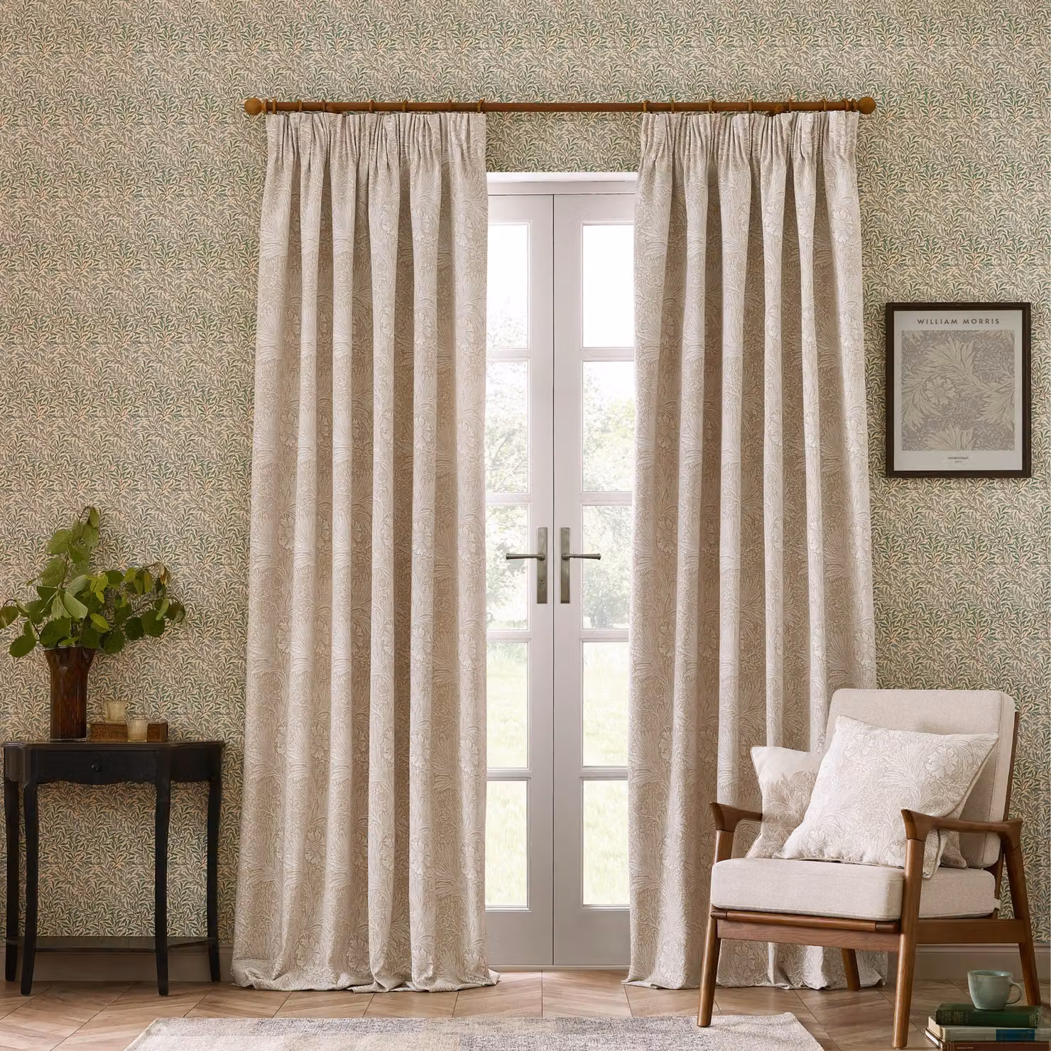 Morris & Co. Marigold Jacquard Floral Pencil Pleat Curtains, Beige, Width: 168 cm, Drop: 183 cm – 2