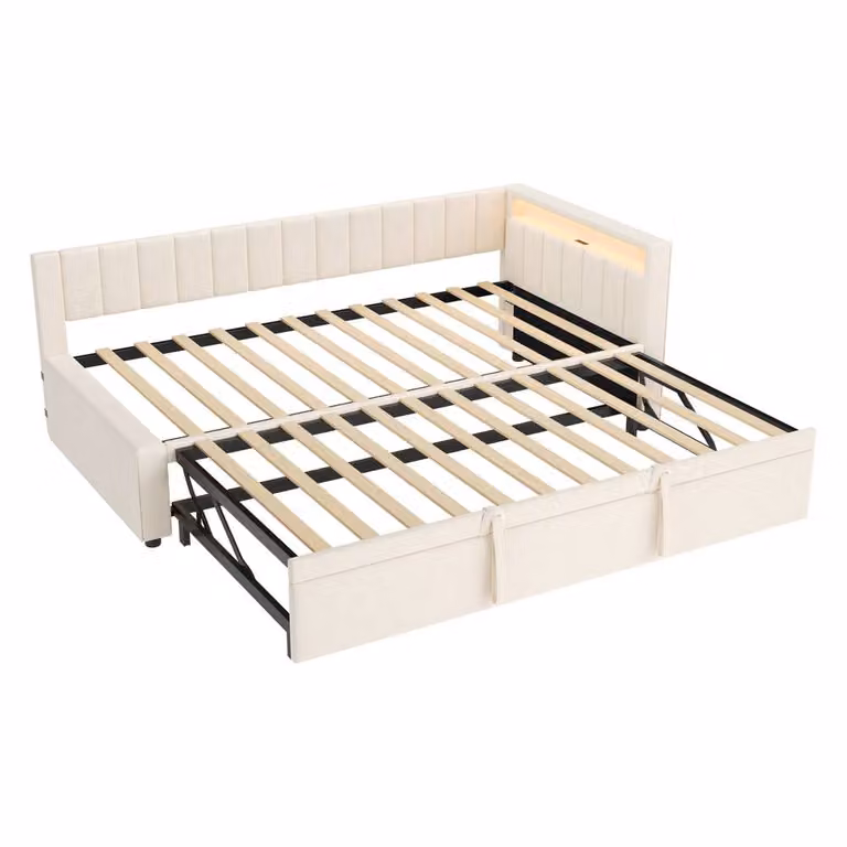 Matteo Modern Velvet Storage LED Daybed in Beige with USB Charging Port and Bedside Shelf, W/D/H: 90 x 200 cm