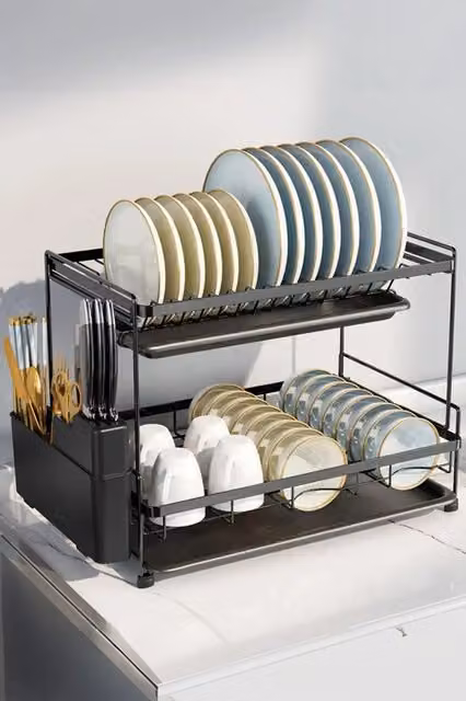 Living and Home 2-Tier Dish Drainer Rack with Detachable Drainboard and Kitchenware Holder, Black