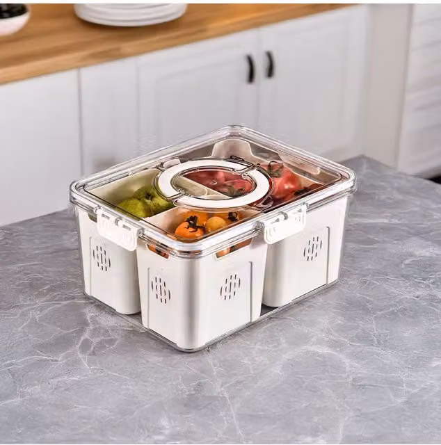 H&O Direct Yellow Plastic Fridge Storage Container with Three Compartments and Snap Lid – 1