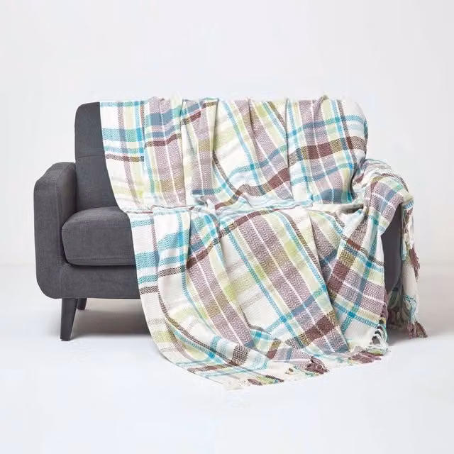 Homescapes Green and Multicolour Checked Cotton Woven Throw with Fringes, Width: 360 cm
