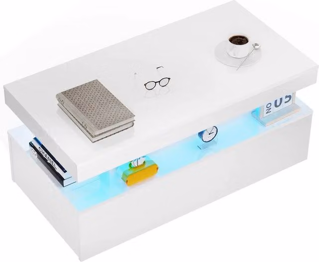FLAVORA High Gloss LED Coffee Table with 2 Drawer Storage in White, W/D/H: 100 x 100 x 100 cm – 1