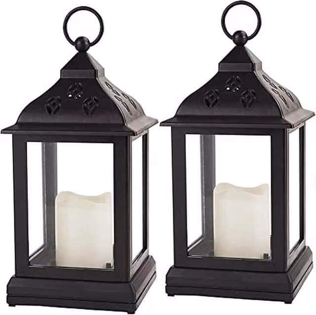 Bright Zeal Set of 2 Black Vintage Decorative Pillar Candle Lanterns with Glass Panels, Height: 24 cm