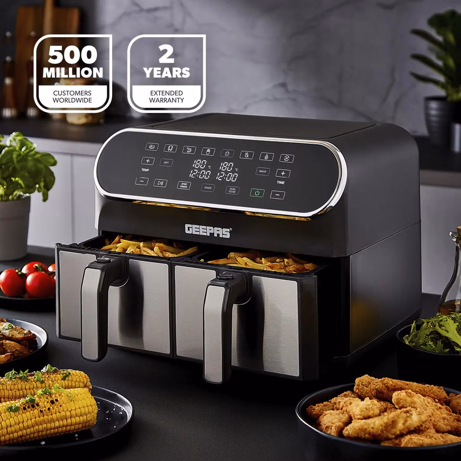 Geepas Prestige Dual Zone Digital Air Fryer, 8L XL Capacity with 8-in-1 Cooking Presets, 1700W, Silver and Black – 2
