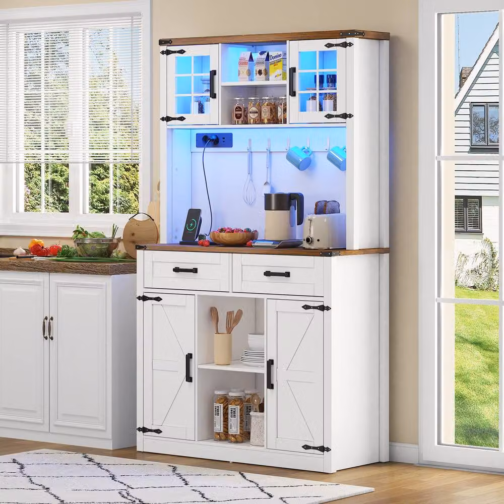 Merax White LED Kitchen Tall Pantry Cabinet with Glass Doors and Integrated Lighting – 2