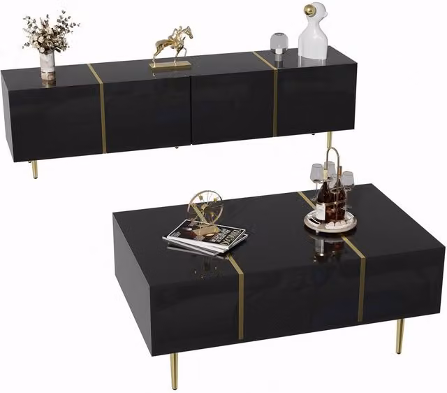 Merax Modern High-Gloss Living Room Set with TV Cabinet and Coffee Table in Black