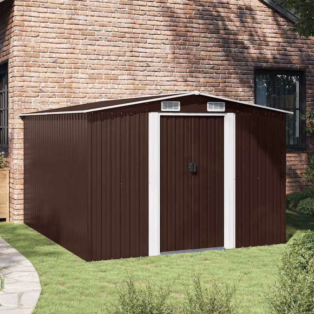 Berkfield Brown Metal Garden Shed with Sliding Gable Doors, W/D/H: 257 x 298 x 178 cm – 3
