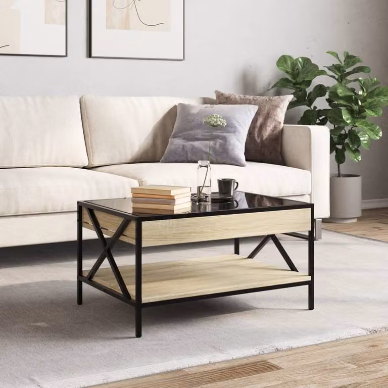 Berkfield Home Infinity LED Coffee Table in Sonoma Oak and Light Brown, W: 70 cm, D: 50 cm, H: 38 cm
