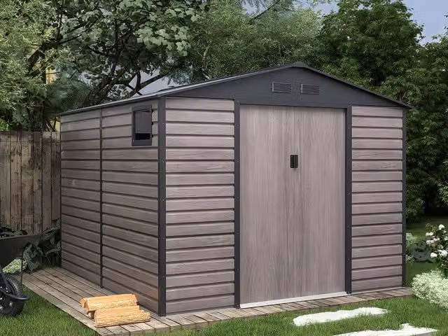 Vente-unique Grey Wood Effect Galvanised Steel Garden Shed with Double Doors and Window, 8.94 m² – 1