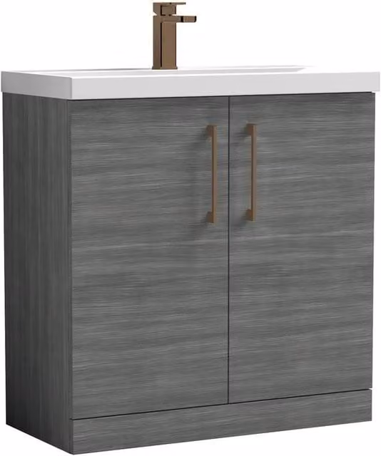 Balterley 2-Door Bathroom Floor Vanity Unit with Basin in Anthracite Grey Woodgrain, W: 80 cm, H: 84 cm, D: 45 cm