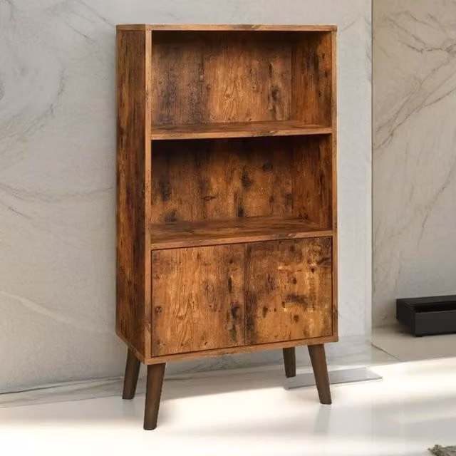 Modcraft Mid-Century 3-Tier Rubberwood Bookcase with Hinged Doors in Brown