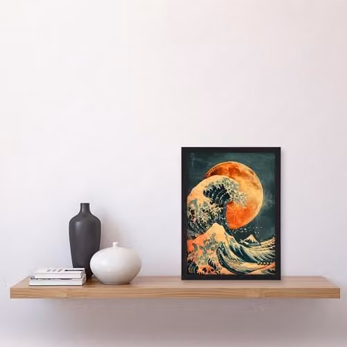 Artery8 Orange Moon Traditional Japanese Waves Framed Wall Art Print, A4 – 4