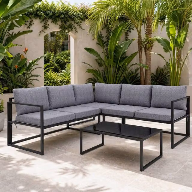 STILVORA 3-Piece Modern Sofa Set with Tempered Glass Top in Grey and Black – 1