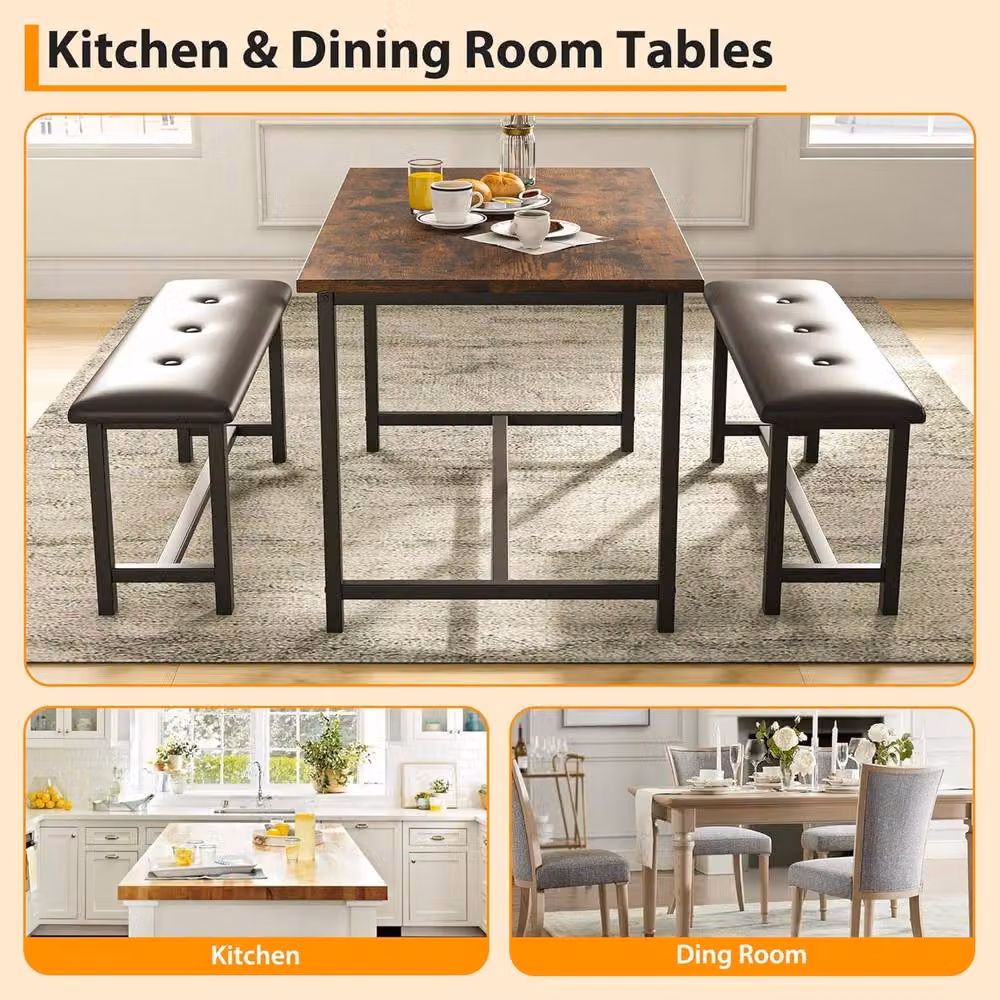 London Boutique 3-Piece Dining Set with Rectangular Table and 2 Upholstered Benches in Brown, W/D/H: 136 x 70 x 75 cm – 5