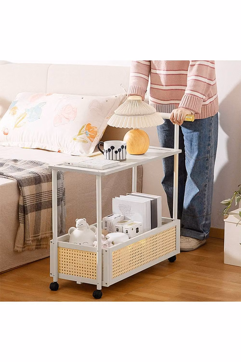 Living and Home 2-Tier Rolling Bamboo Side Table with Side Handle in White – 2