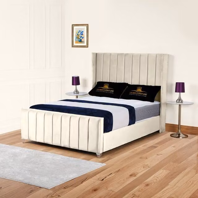 UK Bed Furniture Empire Winged Slatted Base Upholstered Velvet Bed in Beige, W/D/H: 140 x 200 cm