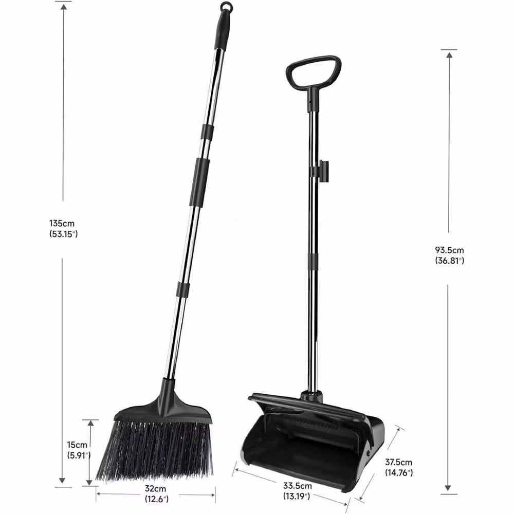 VOGREX Heavy Duty Long Handled Dustpan and Brush Set in Grey and Black, Length: 120 cm