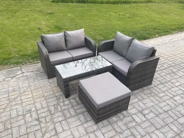 Fimous High Back Rattan Garden Furniture Set in Dark Grey with 2 Seater Sofa, Coffee Table and Ottoman