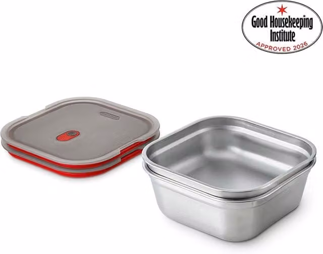Black + Blum Set of 2 Large Stainless Steel Food Boxes, 1200ml, Grey and Red, Leakproof and Airtight