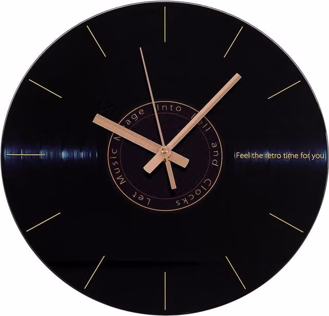 Livingandhome Retro Vinyl Record Style Round Glass Wall Clock in Black
