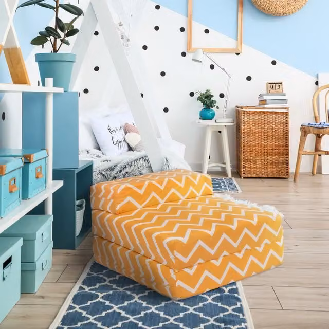 Ready Steady Bed Kids Z Single Folding Futon Chair Bed in Yellow Zigzag Geometric Pattern