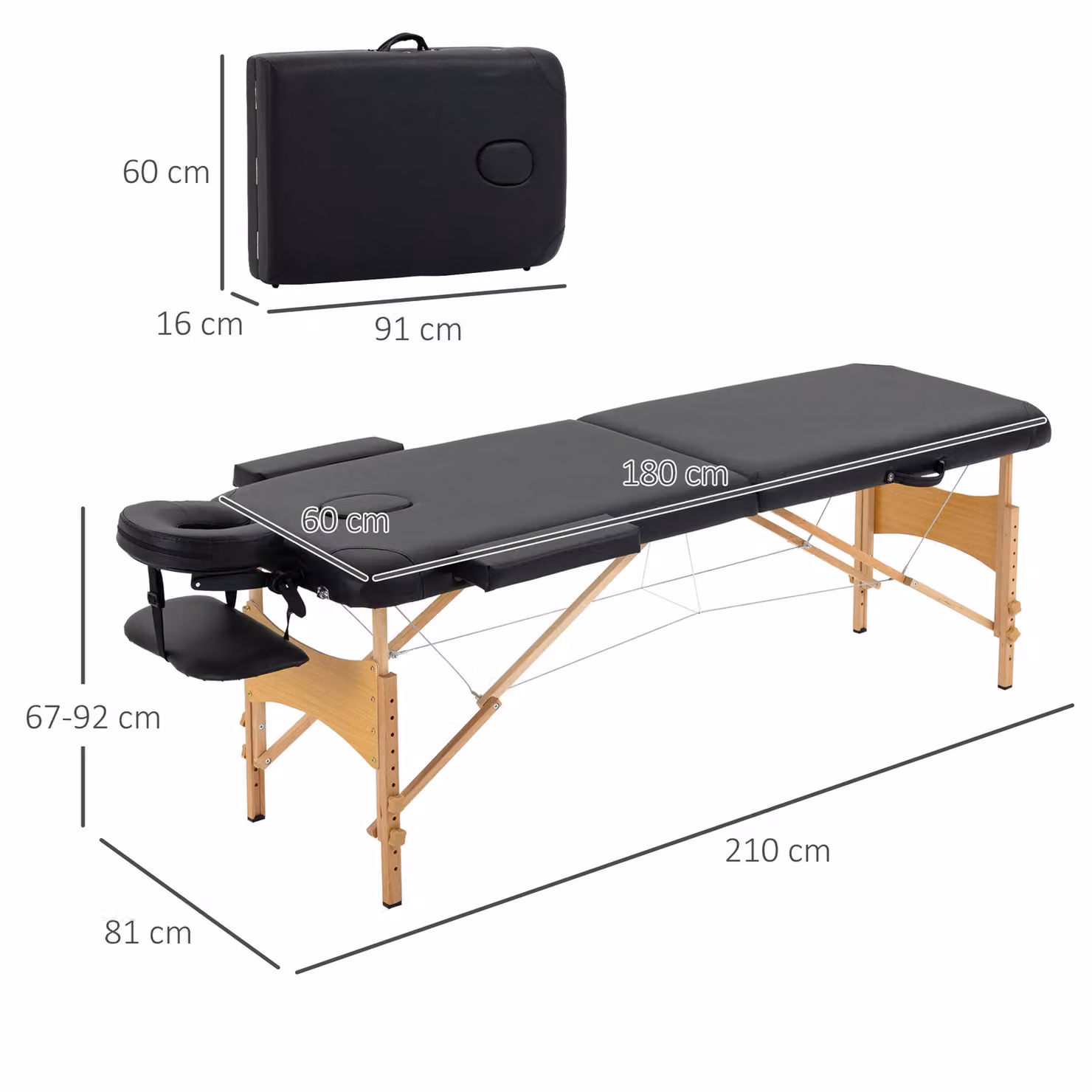 HOMCOM Wooden Folding Spa Beauty Massage Table with 2 Sections and Carry Bag, Black – 3