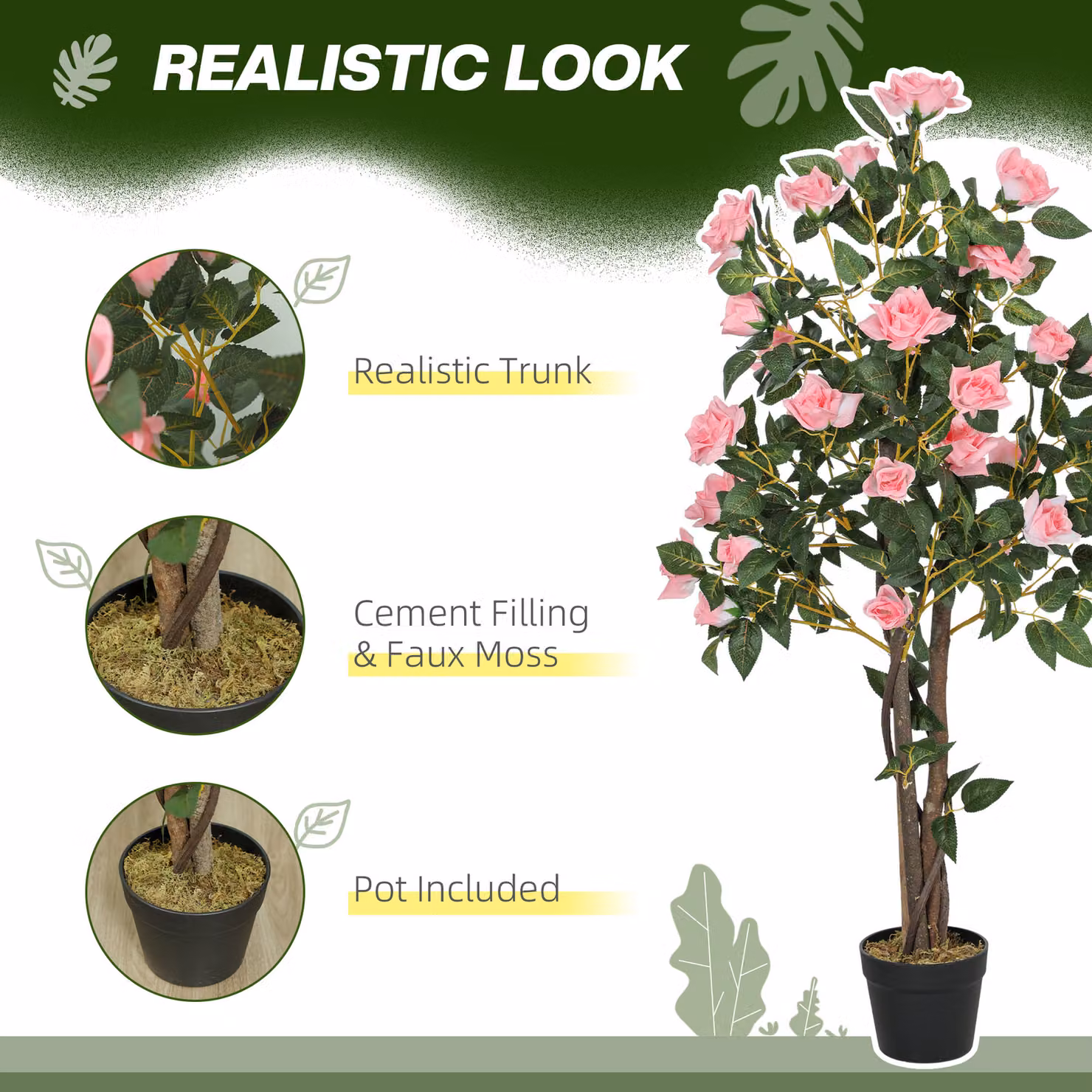 HOMCOM Set of Two Pink Faux Rose Potted Plants for Tabletop – 3