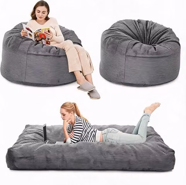 London Boutique 2-in-1 Convertible Bean Bag Chair and Memory Foam Sofa Bed in Light Grey – 1