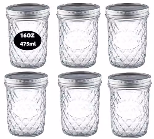 Simpa 6 Pack Quilted Geometric Glass Mason Jars with Silver Metal Airtight Lids, 475 ml