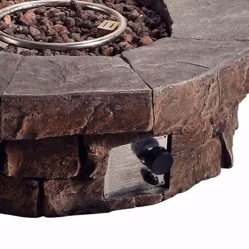 Teamson Home Brown Round Stone Effect Propane Gas Fire Pit Table with Lava Rocks and Cover – 3