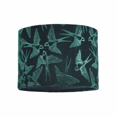 Happy Homewares Bird Decorated Dark Green Velvet Fabric Cylinder Lamp Shade with Inner Cotton Lining, Diameter: 25 cm – 1