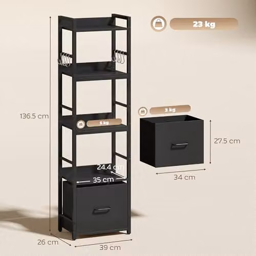 HOMCOM 4-Tier Bookshelf with Drawer and 8 Hooks, Black, W: 39 cm, D: 26 cm, H: 136.5 cm – 3